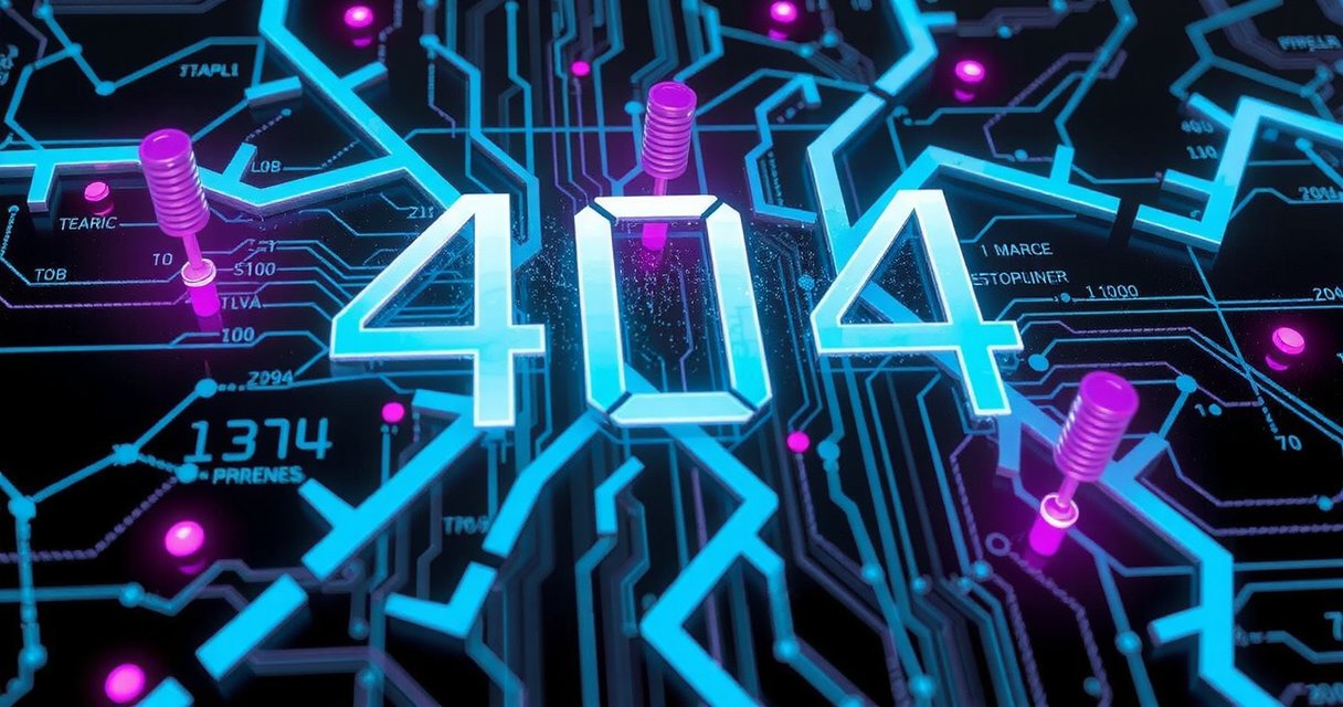 Glitching holographic 404 error in a futuristic circuit board, representing immersive digital experiences at Playvaqo game design studio Berlin